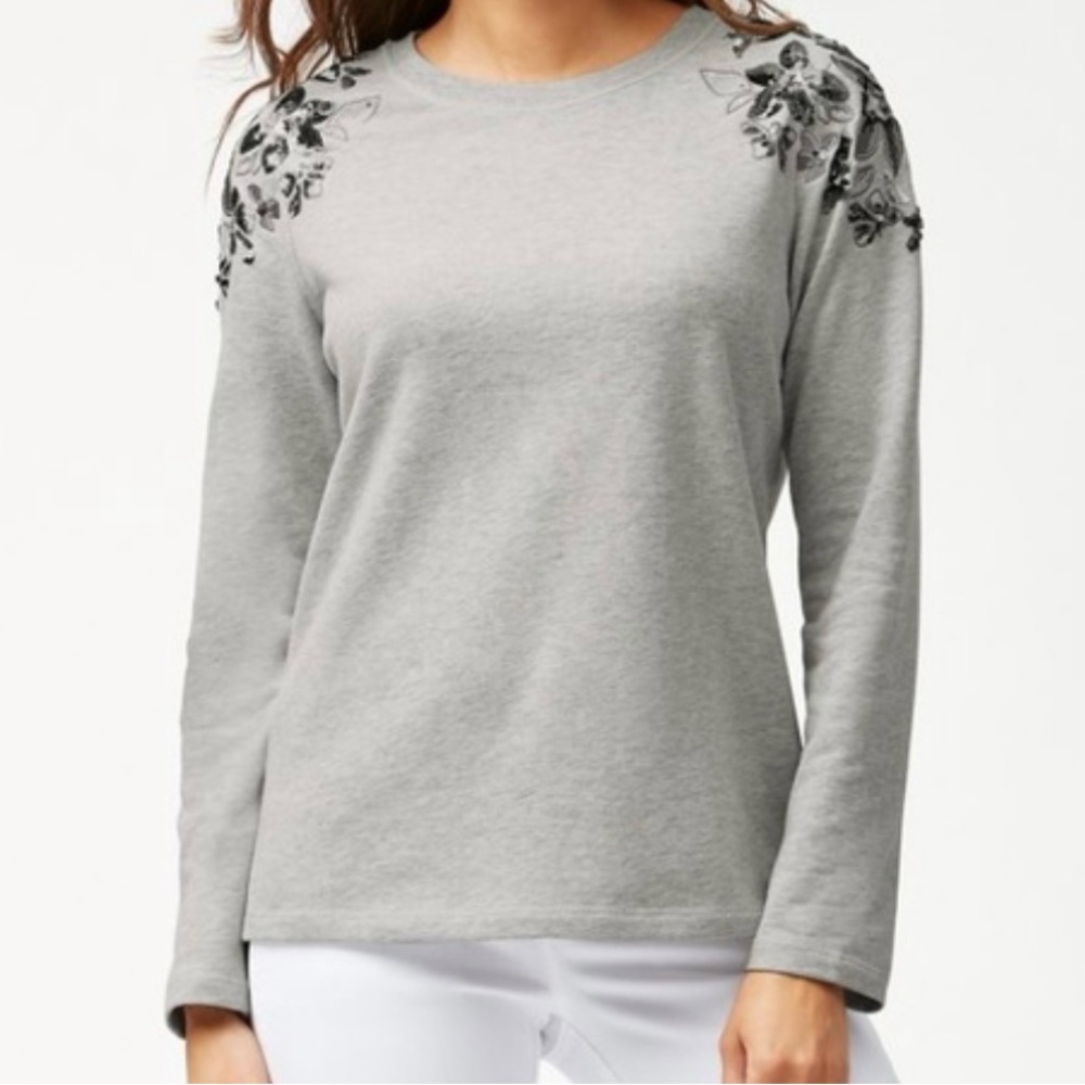 Tommy Bahama Gray Long Sleeve Tee with Black Shoulder Embroidery